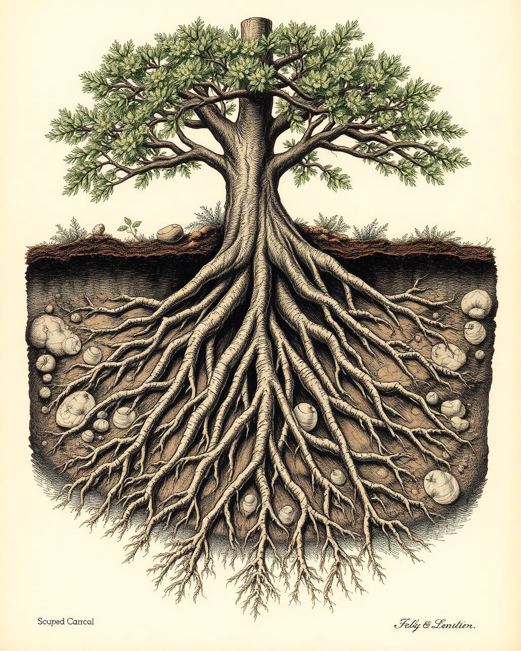 Cross-section illustration of tree roots in soil